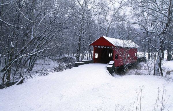 PA, Mariana Co, Hughes Covered Bridge in winter